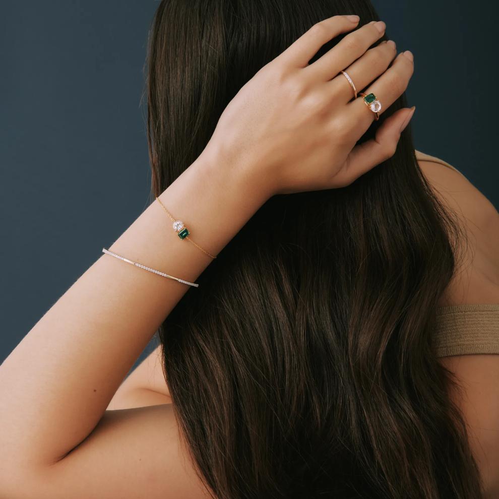 Lab-Created Emerald and Lab-Created White Sapphire Toi et Moi Two-Stone Bracelet in Vermeil – Image 2 of 3