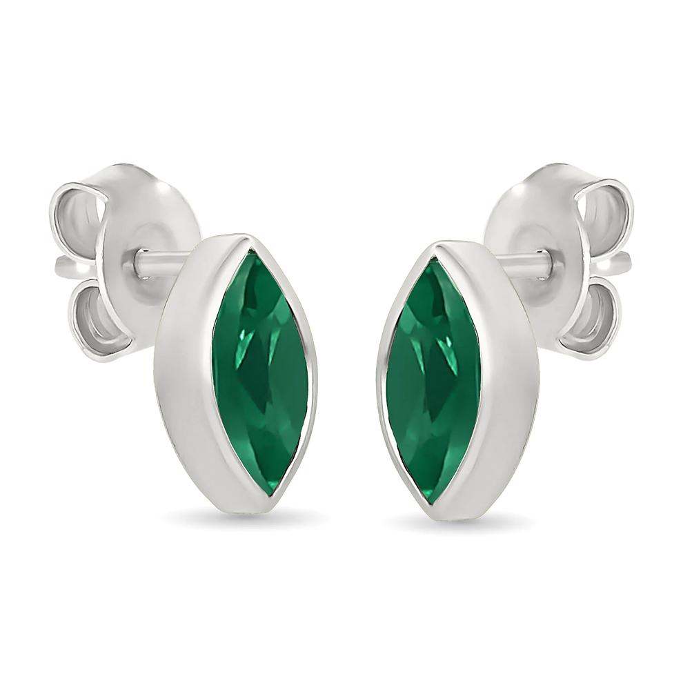 Lab-Created Emerald Marquise Bezel Stud Earrings in Sterling Silver – Image 2 of 2