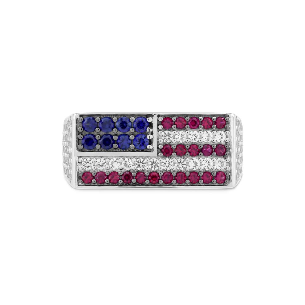 Men's Lab-Created Blue Sapphire, Lab-Created White Sapphire &amp; Lab-Created Ruby American Flag Ring in Sterling Silver – Image 1 of 4