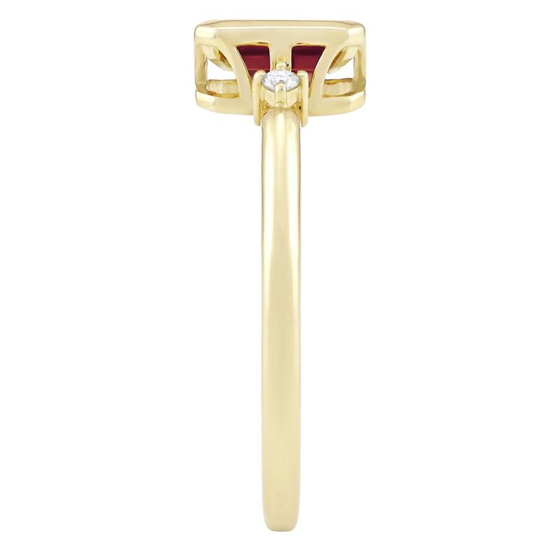 Emerald-Cut Lab-Created Ruby and Diamond Accent Ring in 10K Yellow Gold – Image 3 of 3
