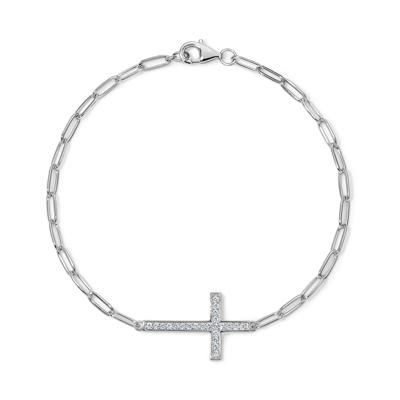Lab-Created White Sapphire Cross Paperclip Chain Bracelet in Sterling Silver, 7.5"