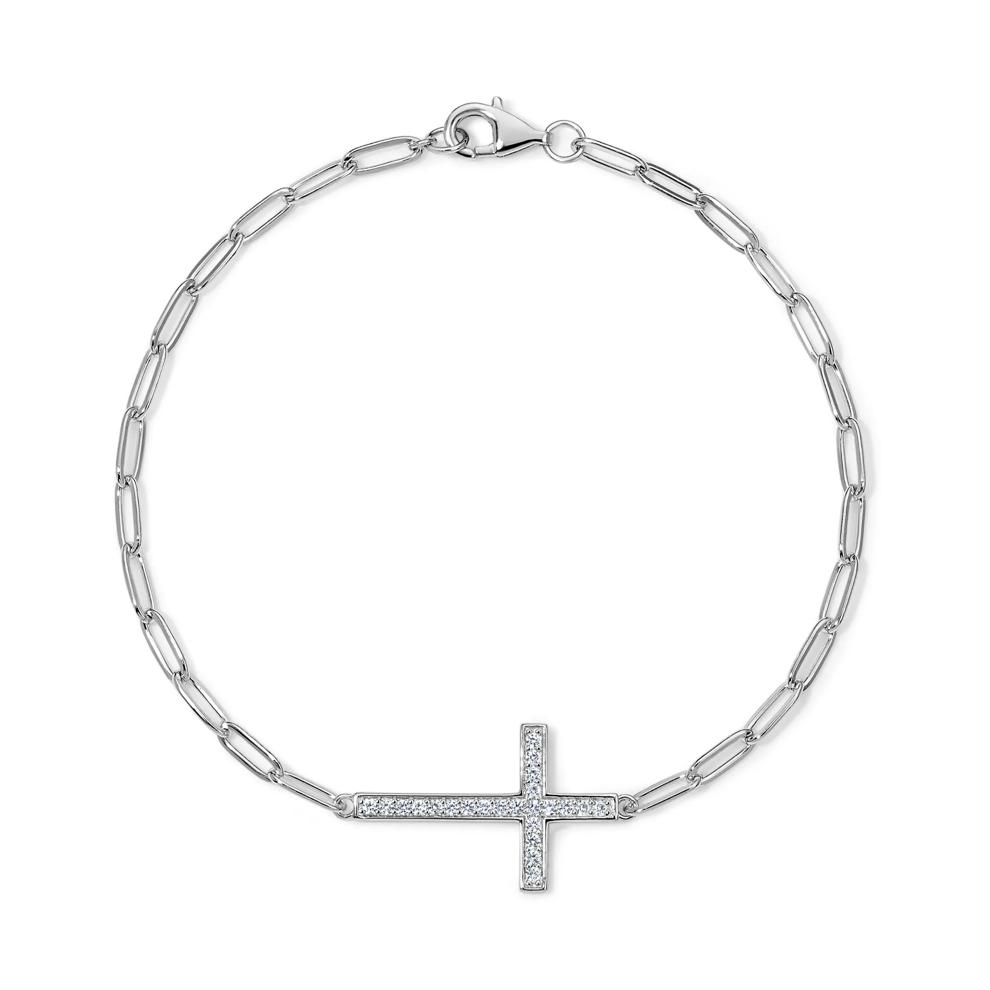 Lab-Created White Sapphire Cross Paperclip Chain Bracelet in Sterling Silver, 7.5" – Image 1 of 2
