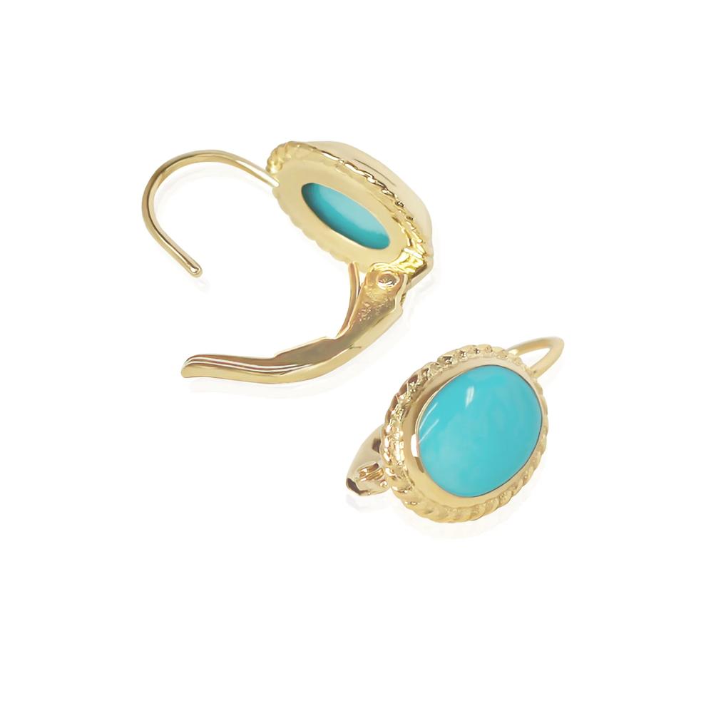 Oval Turquoise Drop Earrings in 14K Yellow Gold – Image 2 of 2