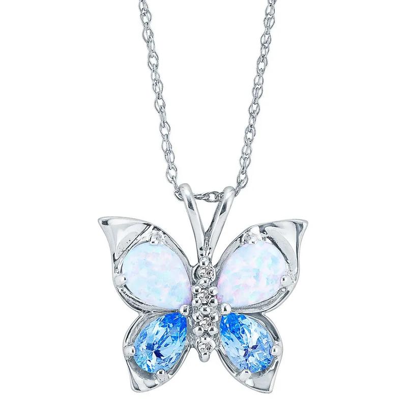 Lab Created Opal, Blue Topaz &amp; Diamond Butterfly Pendant in 10K White Gold – Image 1 of 3