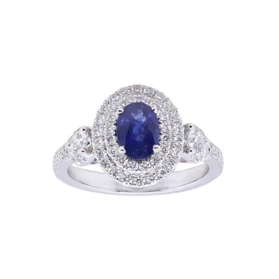 Blue Sapphire & Diamond Double Halo Ring in 18K White Gold (3/4 ct. tw.)
