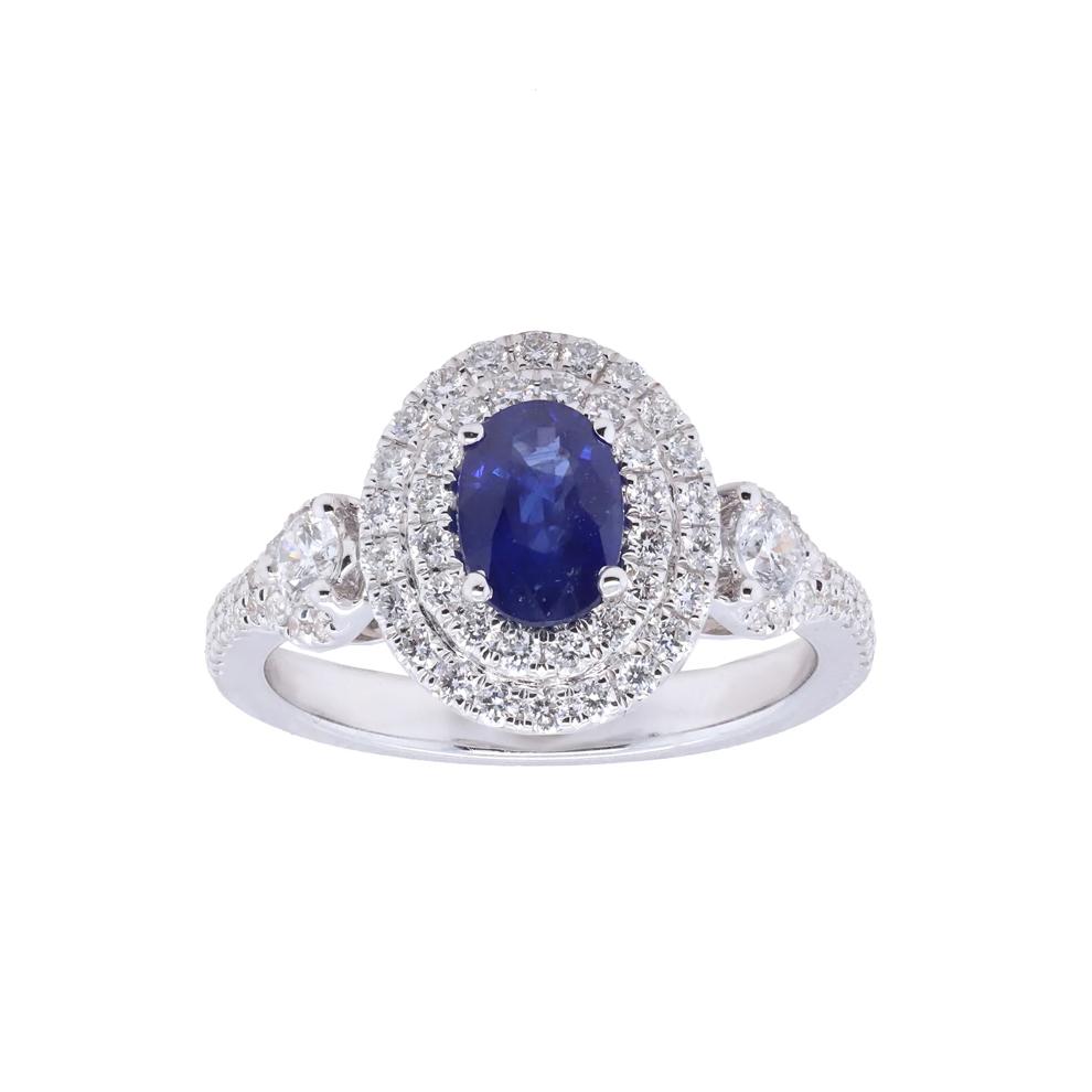 Blue Sapphire &amp; Diamond Double Halo Ring in 18K White Gold (3/4 ct. tw.) – Image 1 of 5