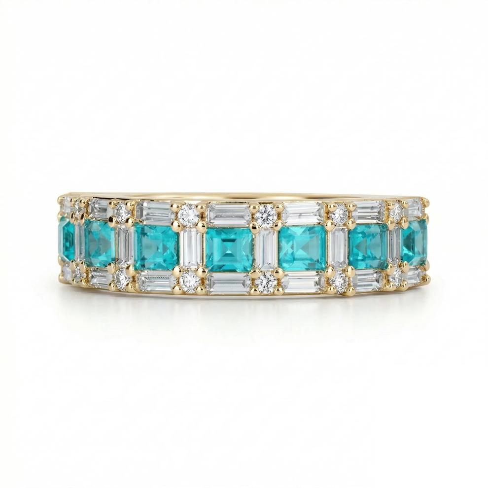 Lab-Created Paraiba Tourmaline &amp; Diamond Band in 10K Yellow Gold (1/2 ct. tw.) – Image 1 of 3
