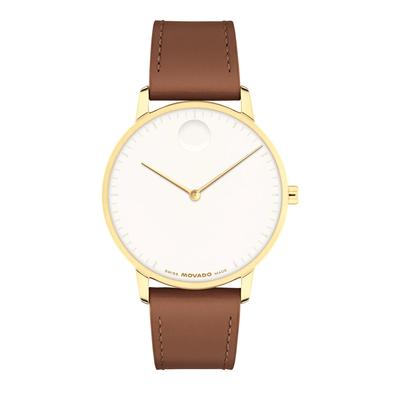 Face Watch With Brown Leather Strap in Gold-Tone Stainless Steel, 39mm