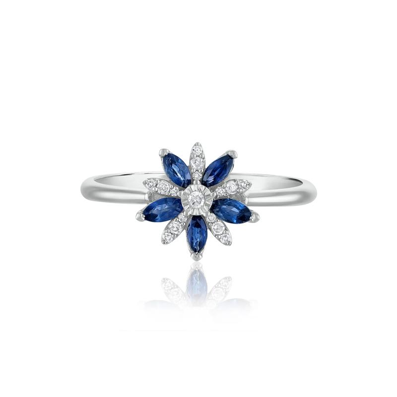 Blue Sapphire and Diamond Accent Floral Ring in 10K White Gold – Image 1 of 3