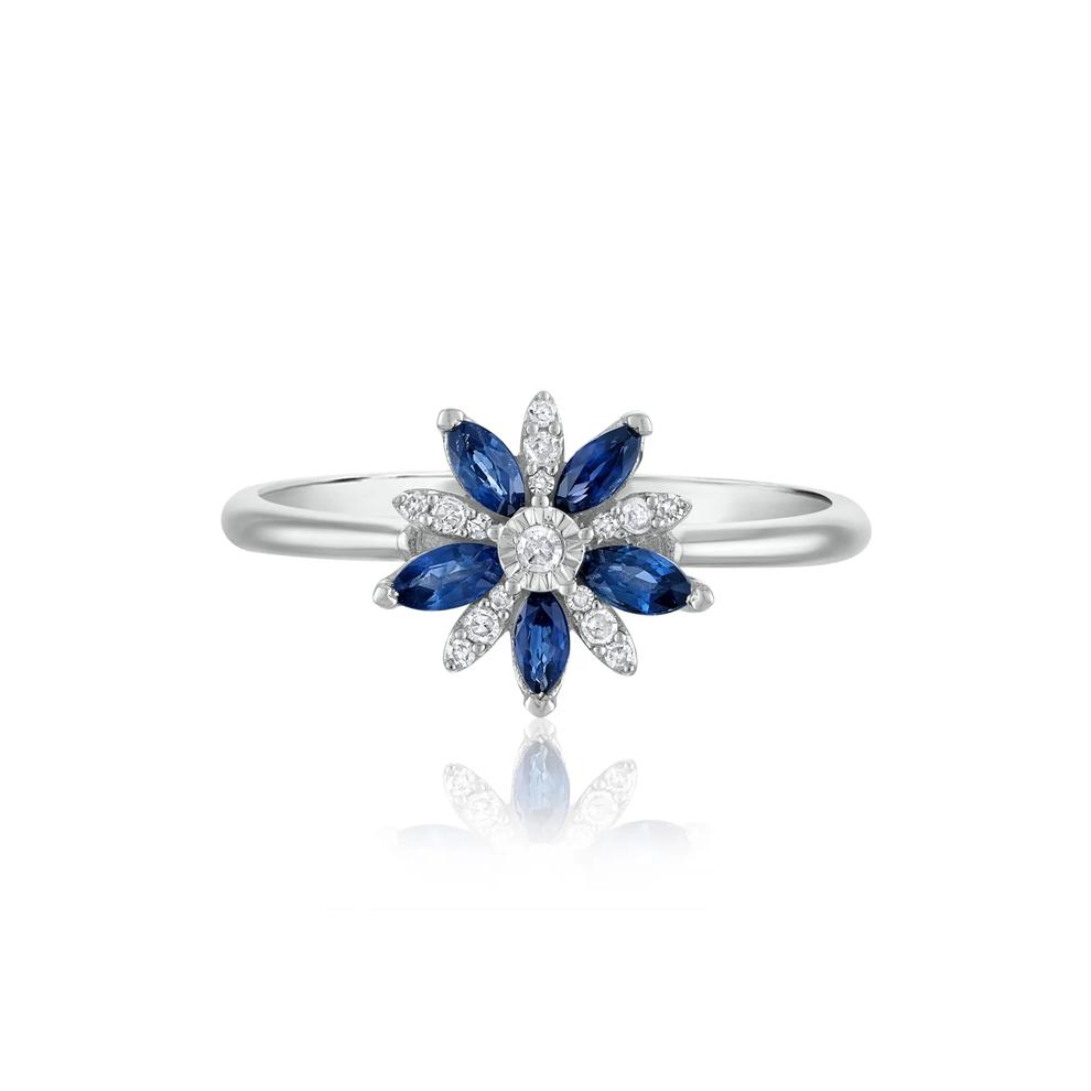 Blue Sapphire and Diamond Accent Floral Ring in 10K White Gold – Image 1 of 3