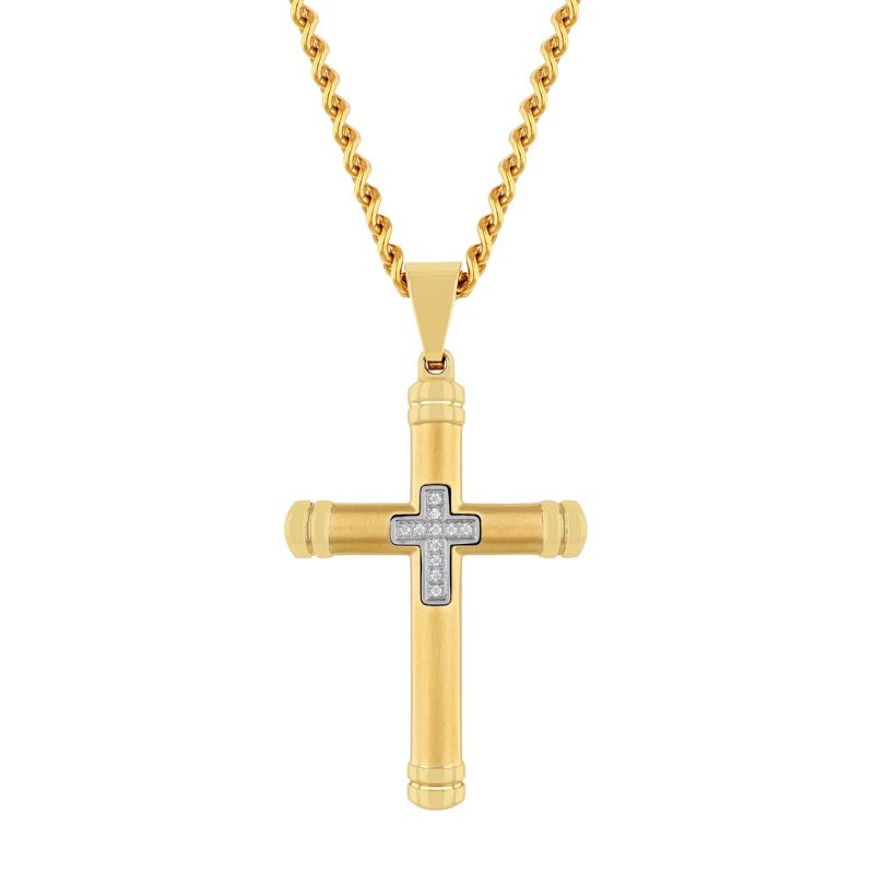 Men&#39;s Cross Pendant with Diamond Accents in Yellow Ion-Plated Stainless Steel – Image 1 of 3