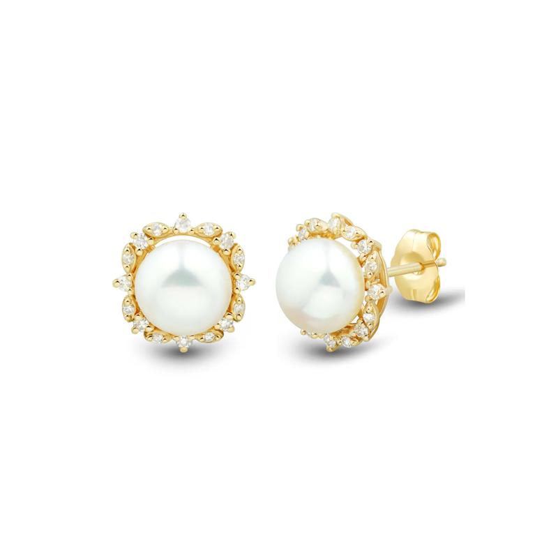 Button Freshwater Cultured Pearl and Diamond Earrings in 10K Yellow Gold &#40;1/7 ct. tw.&#41; – Image 1 of 2