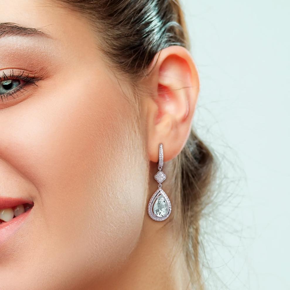 Aquamarine &amp; Diamond Drop Earrings in 14K White Gold (1 ct. tw.) – Image 3 of 4