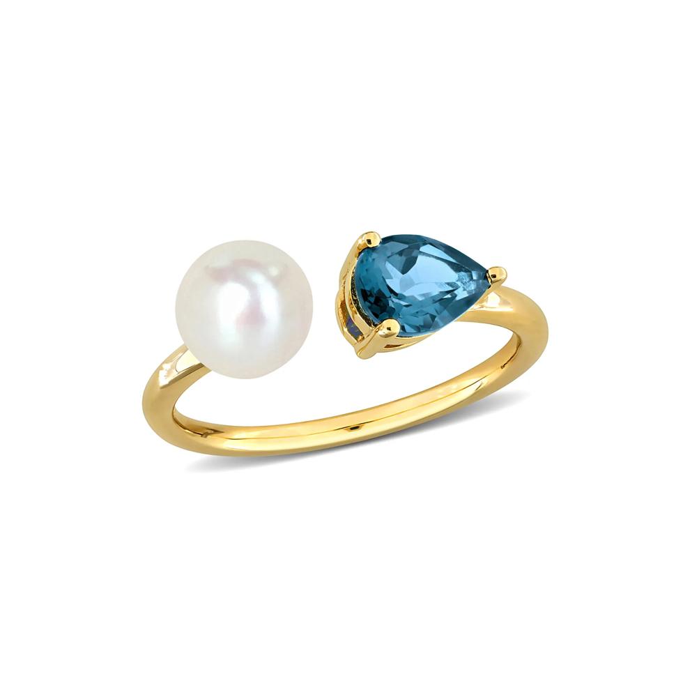 London Blue Topaz and Freshwater Pearl Bypass Ring in 10K Yellow Gold – Image 4 of 7
