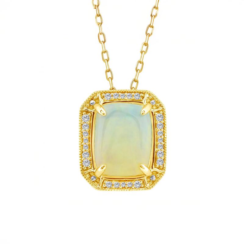 Cushion Cabochon Opal and Diamond Pendant in 10K Yellow Gold &#40;1/10 ct. tw.&#41; – Image 1 of 4