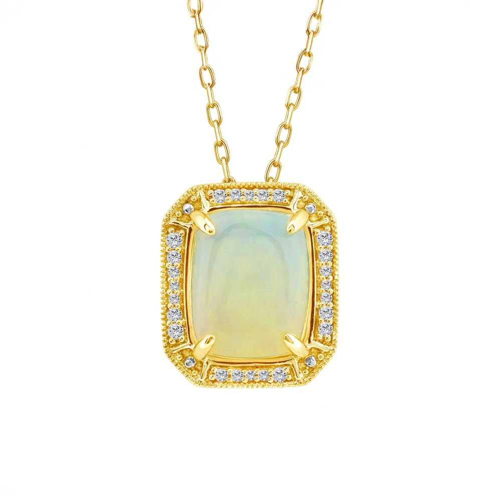 Cushion Cabochon Opal and Diamond Pendant in 10K Yellow Gold (1/10 ct. tw.) – Image 1 of 4