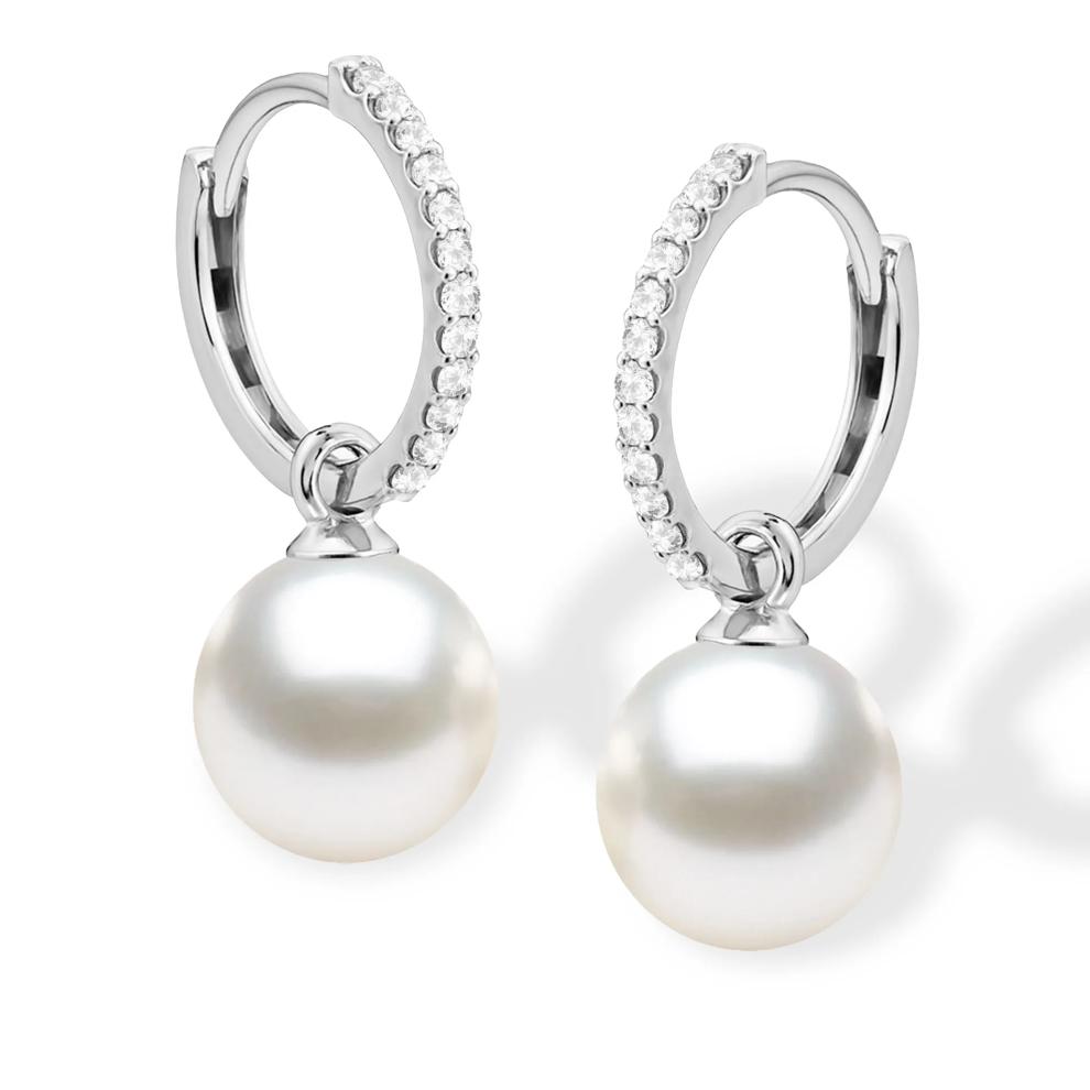 Freshwater Cultured Pearl &amp; Diamond Hoop Drop Earrings in 10K White Gold (1/8 ct. tw.) – Image 1 of 2