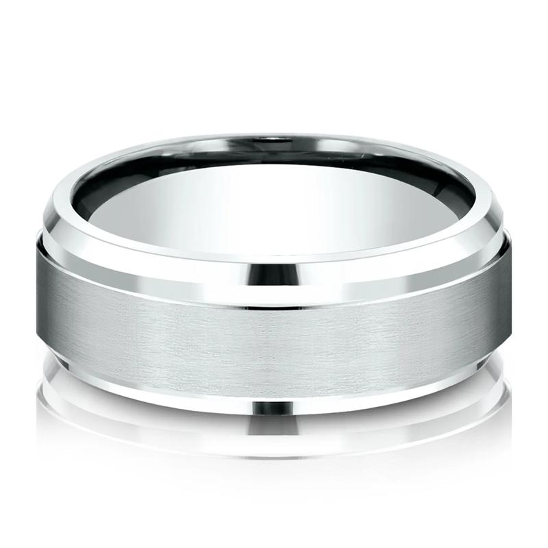 Men&rsquo;s Bevel Edge Satin Wedding Band in Platinum, 8MM – Image 1 of 3