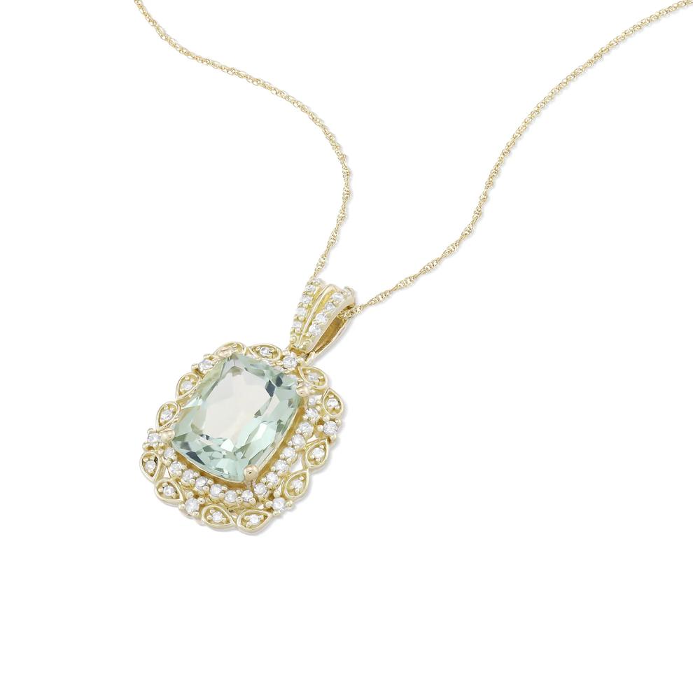 Green Quartz &amp; Diamond Double Halo Pendant Necklace in 10K Yellow Gold (1/5 ct. tw.) – Image 4 of 4