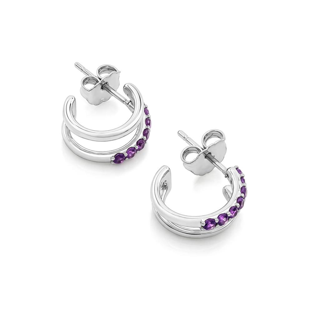 Amethyst Double Row Huggie Hoop Earrings in Sterling Silver – Image 2 of 2