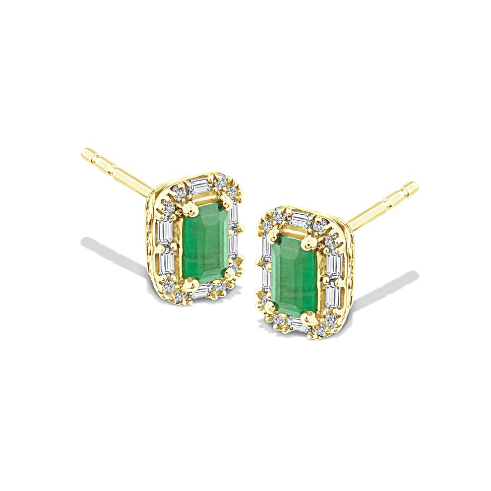 Emerald &amp; Diamond Art Deco-Inspired Halo Stud Earrings in 10K Yellow Gold (1/5 ct. tw.) – Image 1 of 2