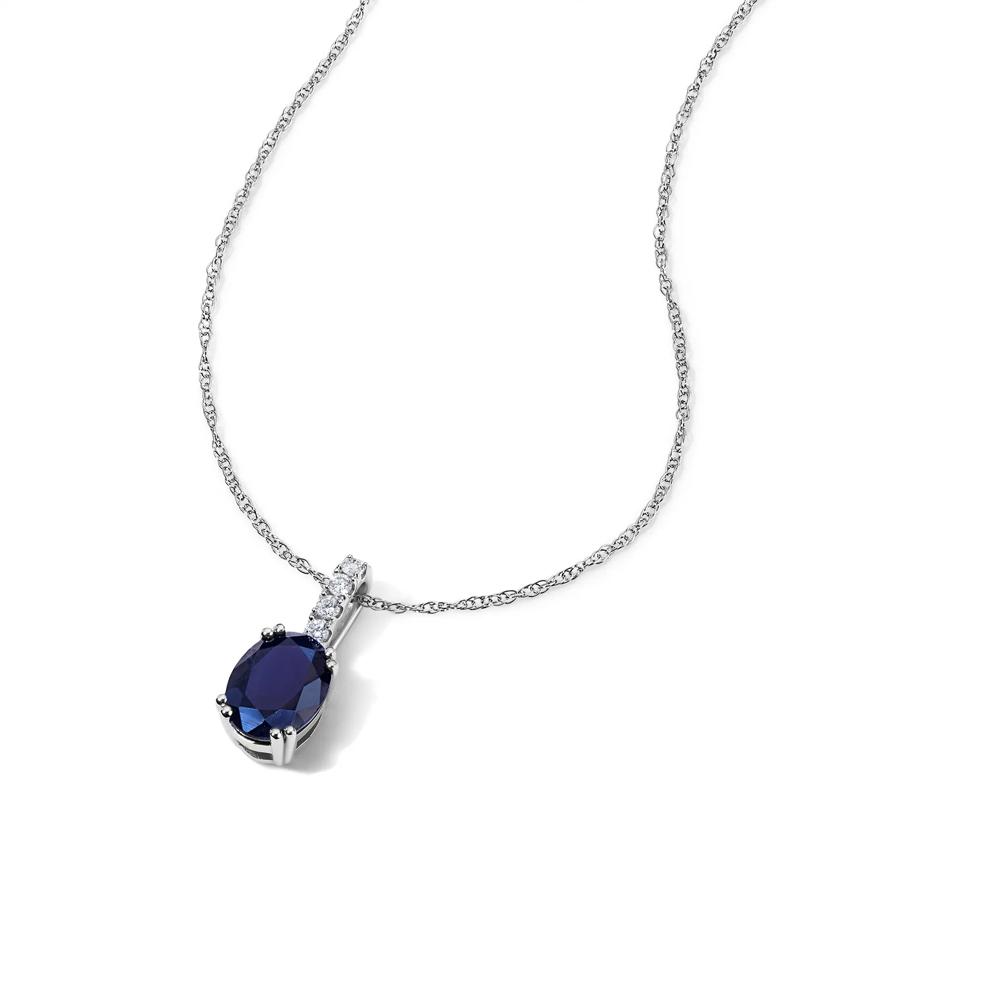 Oval Blue Sapphire &amp; Diamond Accent Drop Pendant Necklace in 14K White Gold – Image 4 of 4