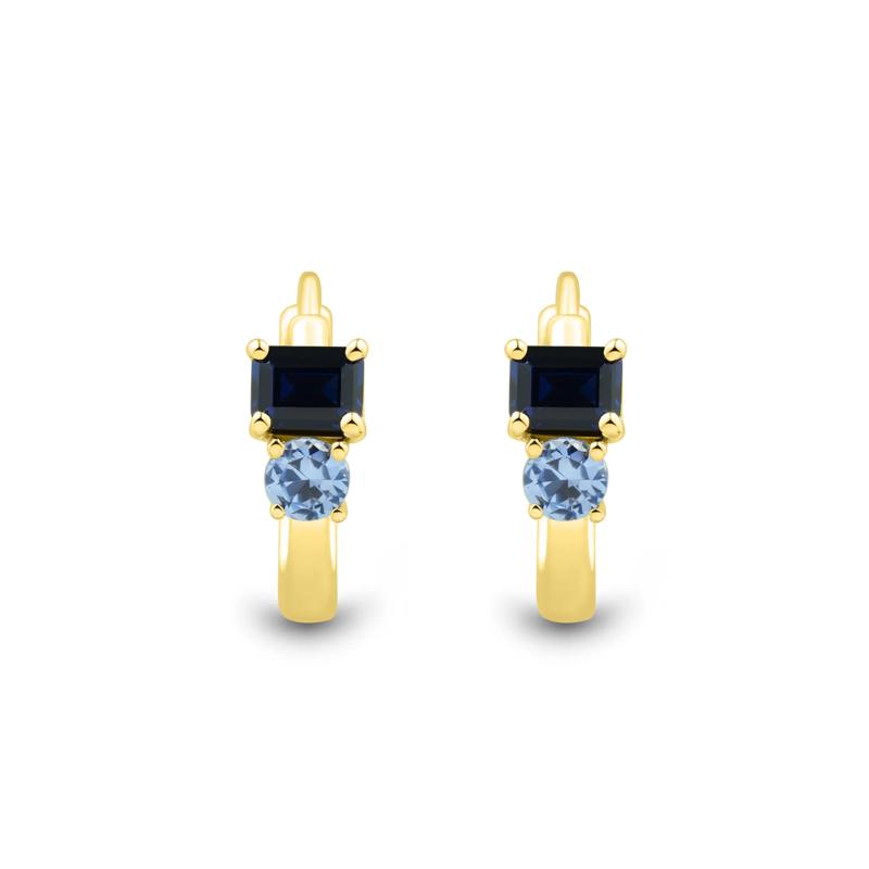 Lab-Created Blue Sapphire Toi et Moi Two-Stone Hoop Earrings in 10K Yellow Gold – Image 2 of 3