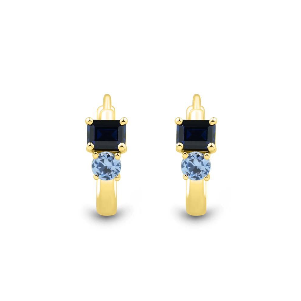 Lab-Created Blue Sapphire Toi et Moi Two-Stone Hoop Earrings in 10K Yellow Gold – Image 2 of 3