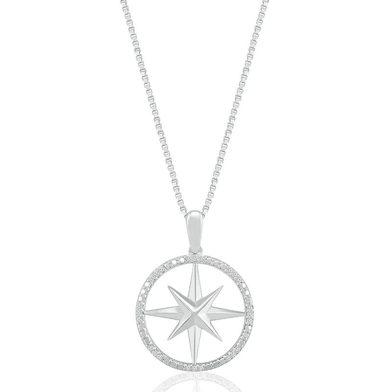 Compass Pendant with Diamond Accents in Sterling Silver – Image 1 of 2