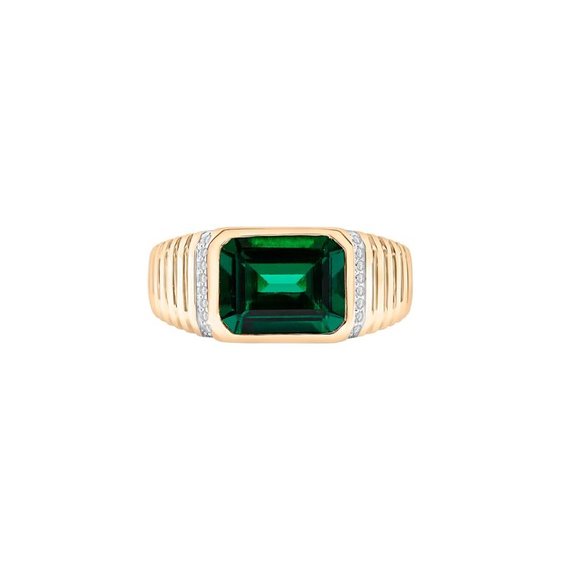Men&#39;s Lab-Created Emerald and Diamond Accent Ring in 10K Yellow Gold – Image 1 of 5