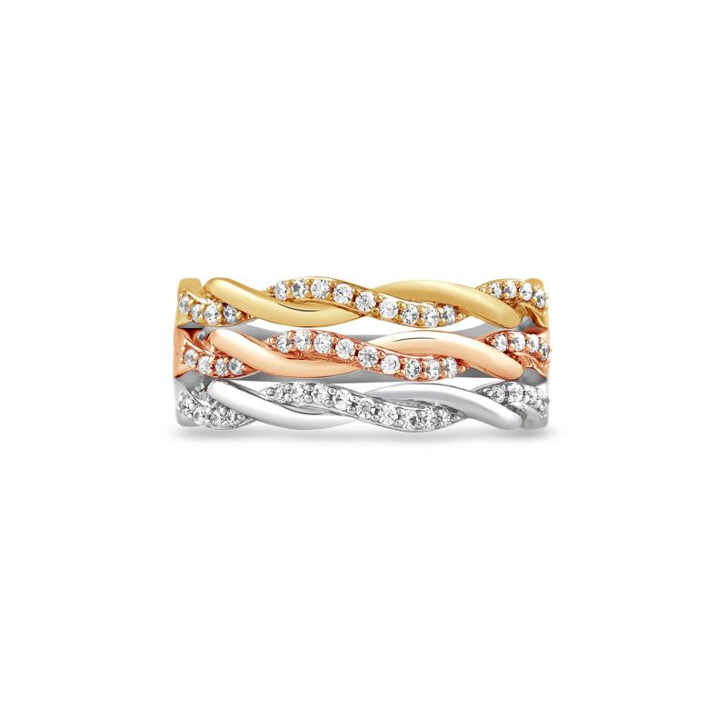 Diamond Three-Row Twist Band in Sterling Silver and 10K Rose and Yellow Gold &#40;1/3 ct. tw.&#41; – Image 1 of 5