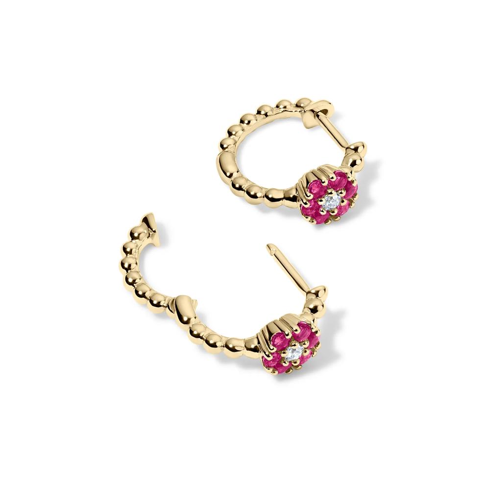 Ruby &amp; Diamond Accent Flower Hoop Earrings in 10K Yellow Gold – Image 2 of 2