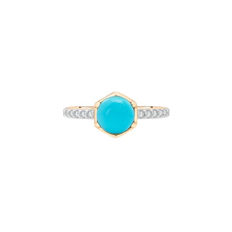 Cabochon Turquoise and White Topaz Ring in 10K Yellow Gold – Image 1 of 5