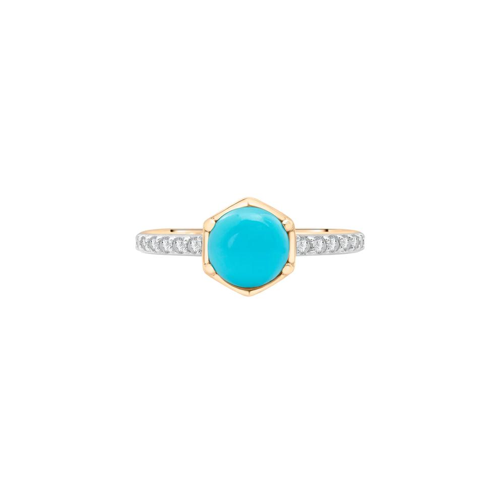 Cabochon Turquoise and White Topaz Ring in 10K Yellow Gold – Image 1 of 5