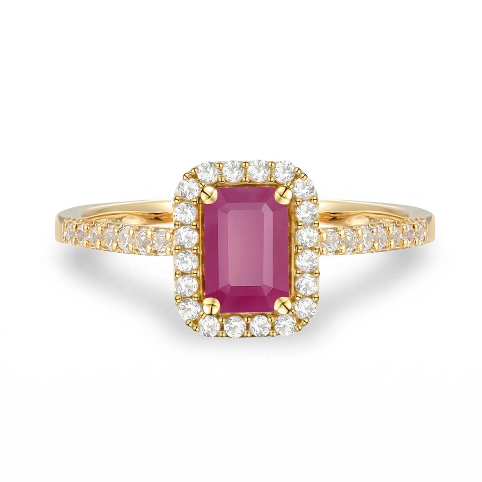 Ruby &amp; Diamond Halo Ring in 10K Yellow Gold (1/5 ct. tw.) – Image 1 of 4