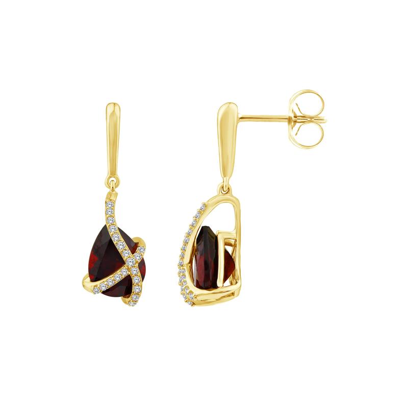 Garnet &amp; Diamond Drop Earrings in 14K Yellow Gold &#40;1/10 ct. tw.&#41; – Image 3 of 3