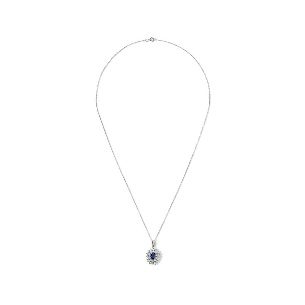 Oval Blue Sapphire &amp; Diamond Double Halo Pendant Necklace in 10K White Gold (1/10 ct. tw.) – Image 3 of 4