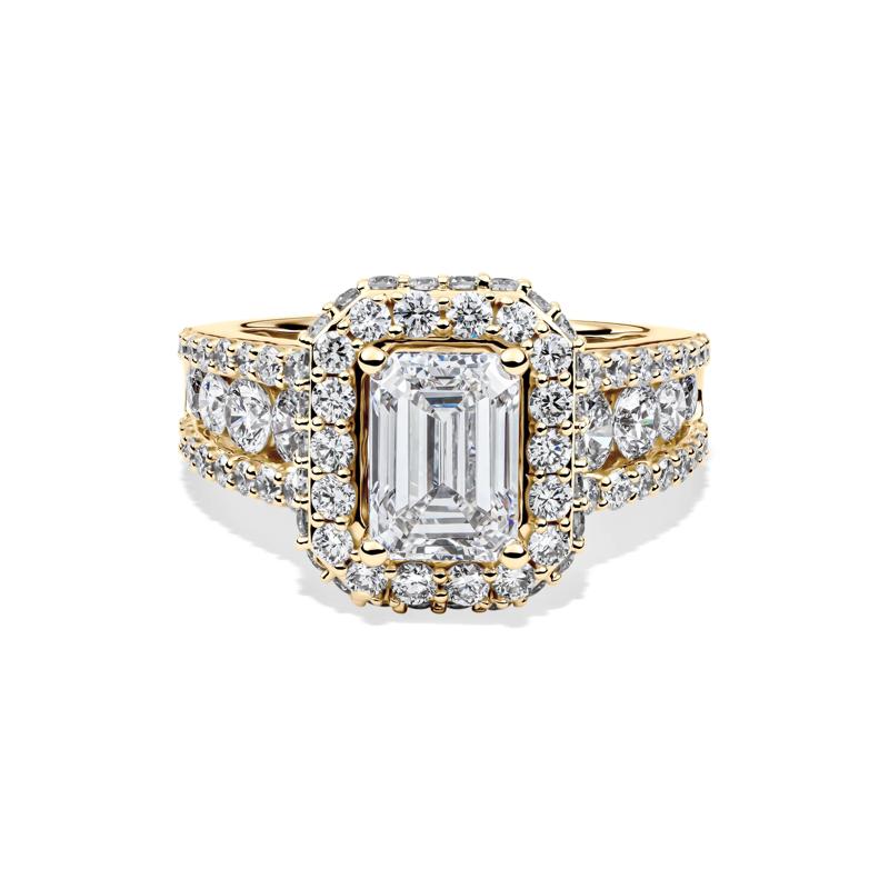 Lab Grown Diamond Emerald-Cut Halo Engagement Ring in 14K Yellow Gold &#40;4 ct. tw.&#41; – Image 1 of 4