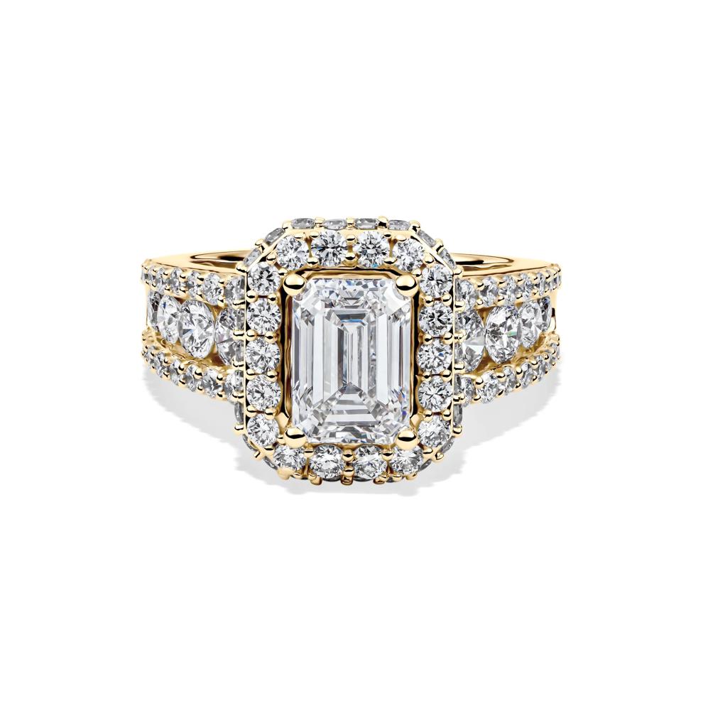 Lab Grown Diamond Emerald-Cut Halo Engagement Ring in 14K Yellow Gold (4 ct. tw.) – Image 1 of 4