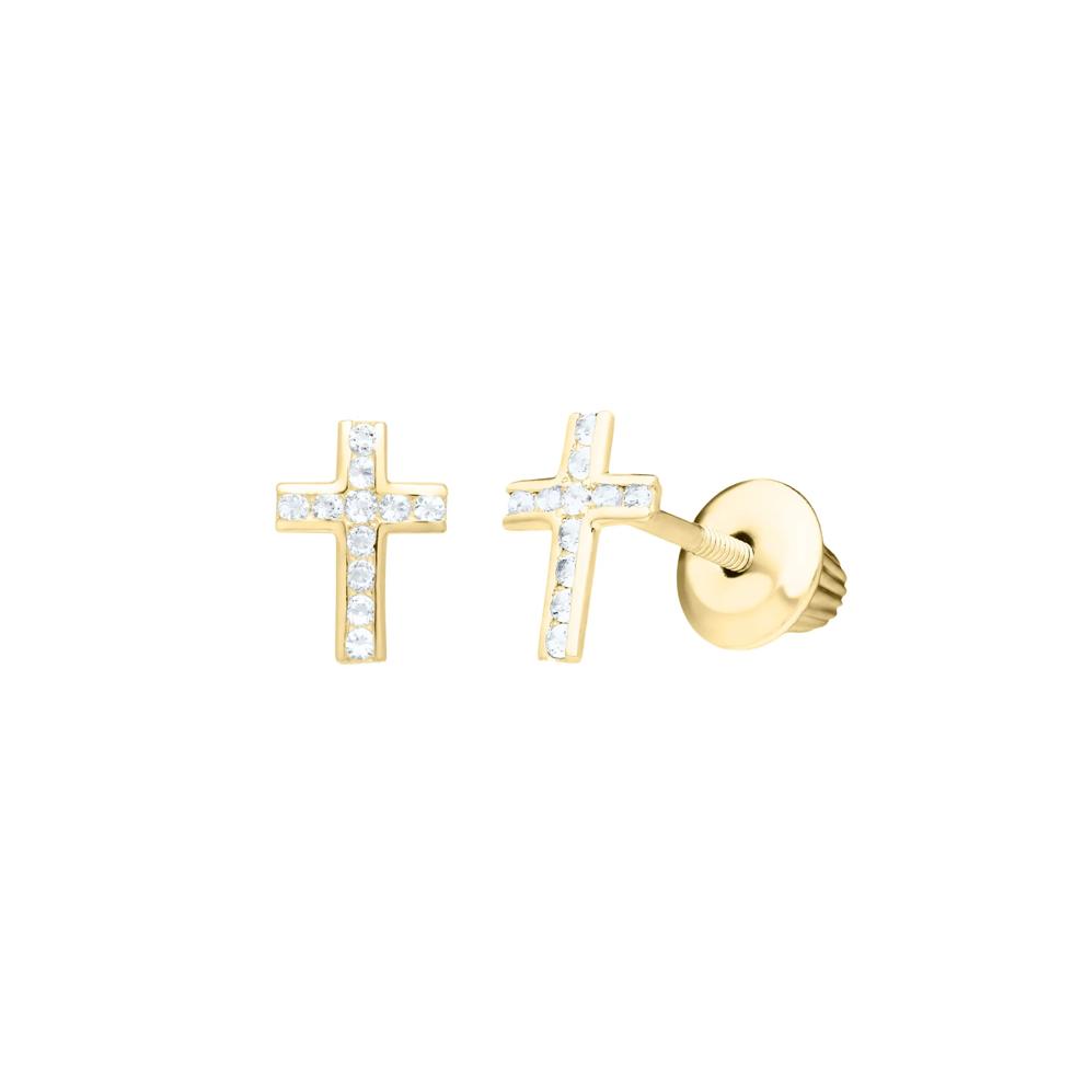 Children's White Topaz Cross Stud Earrings in 14K Yellow Gold – Image 1 of 1