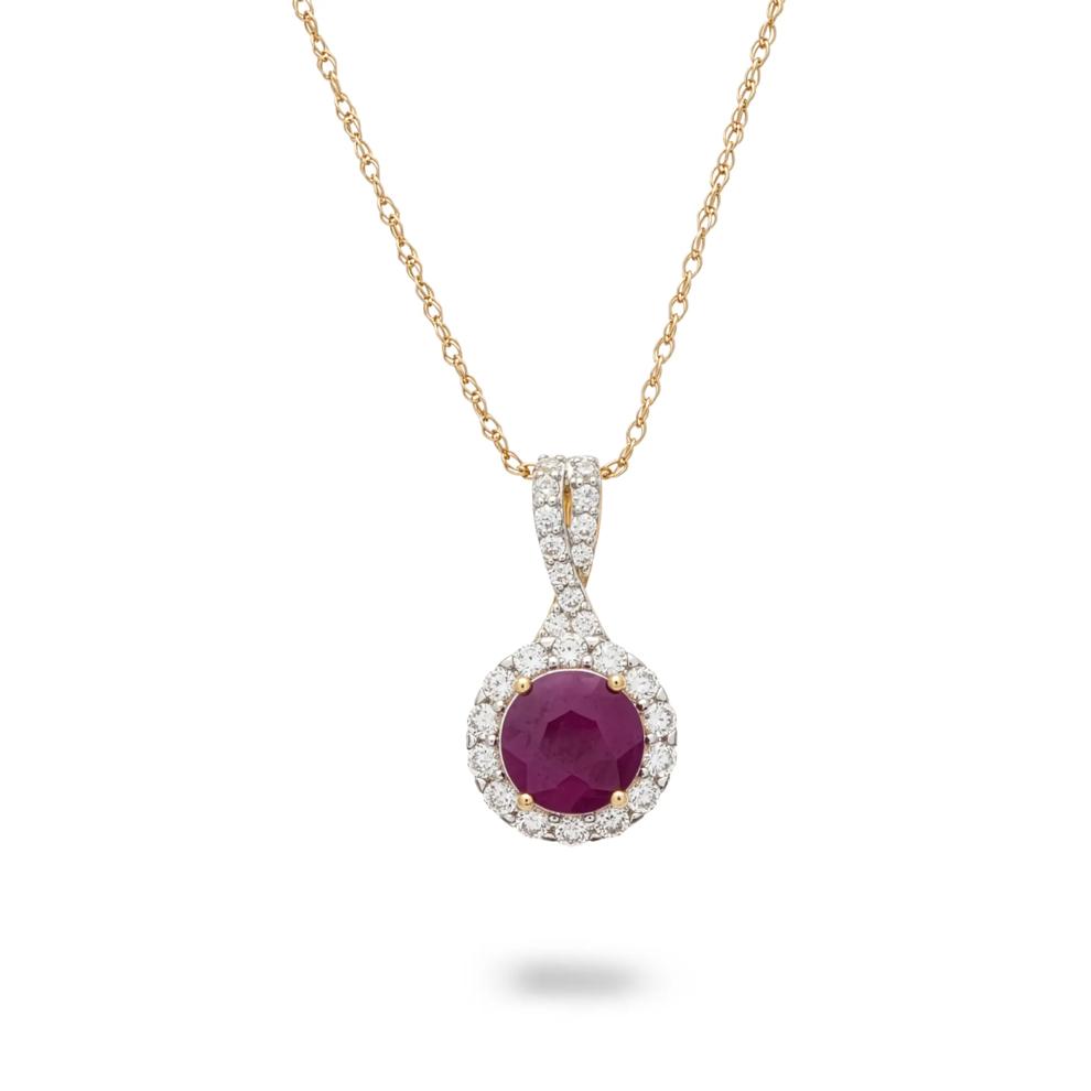 Ruby &amp; Diamond Twist Bale Halo Pendant Necklace in 10K Yellow Gold (1/3 ct. tw.) – Image 1 of 4