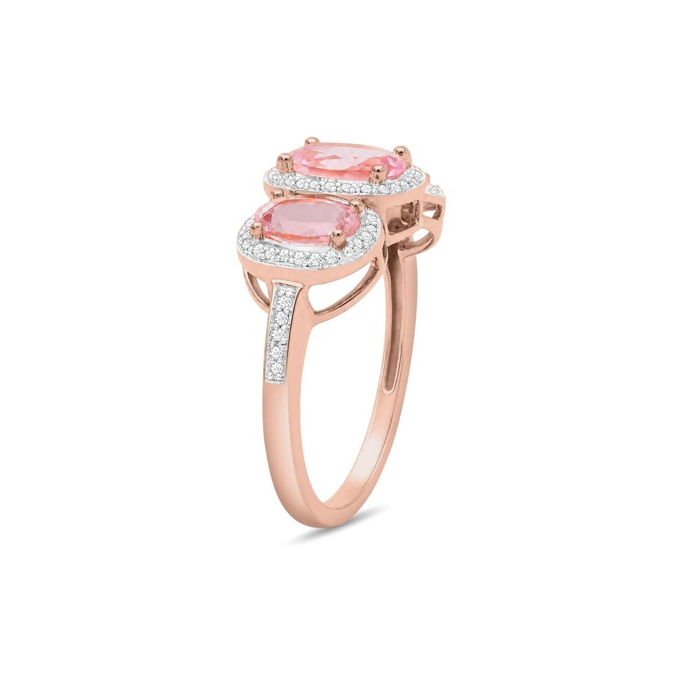 Morganite &amp; Diamond Three-Stone Halo Ring in 10K Rose Gold (1/10 ct. tw.) – Image 3 of 4