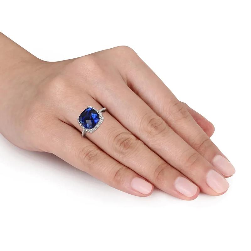Lab Created Blue Sapphire &amp; 1/10 ct. tw. Diamond Ring in Sterling Silver – Image 4 of 4