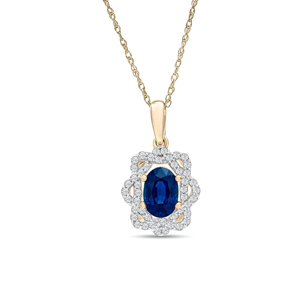 Blue Sapphire &amp; Diamond Halo Pendant Necklace in 10K Yellow Gold (1/4 ct. tw.) – Image 1 of 4