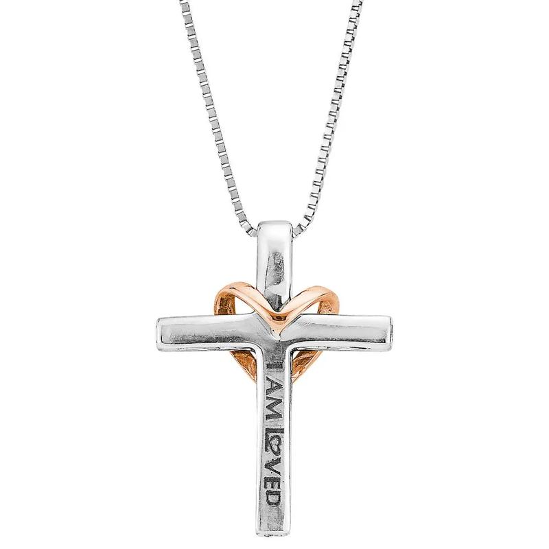 1/7 ct. tw. Diamond Cross Pendant in Sterling Silver &amp; 14K Rose Gold – Image 3 of 4