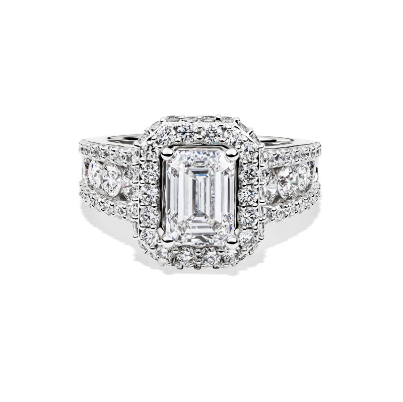 Lab Grown Diamond Emerald-Cut Halo Engagement Ring in 14K White Gold &#40;4 ct. tw.&#41; – Image 1 of 5