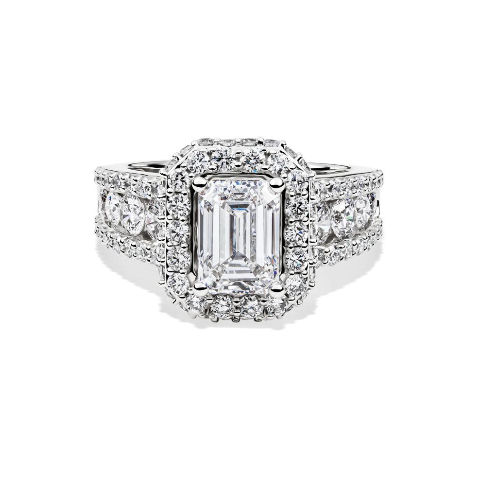 Lab Grown Diamond Emerald-Cut Halo Engagement Ring in 14K White Gold (4 ct. tw.) – Image 1 of 5