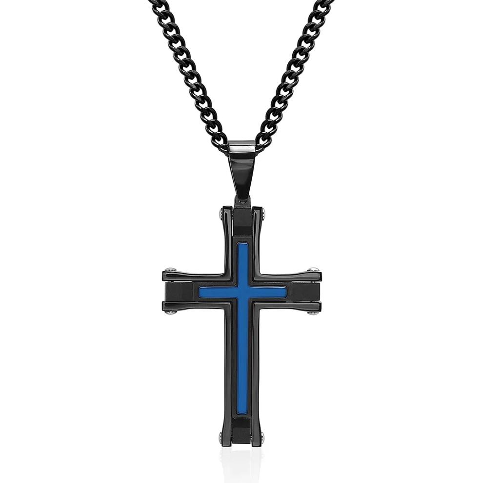 Men's Stainless Steel &amp; Blue Ion-Plated Cross Pendant – Image 1 of 3