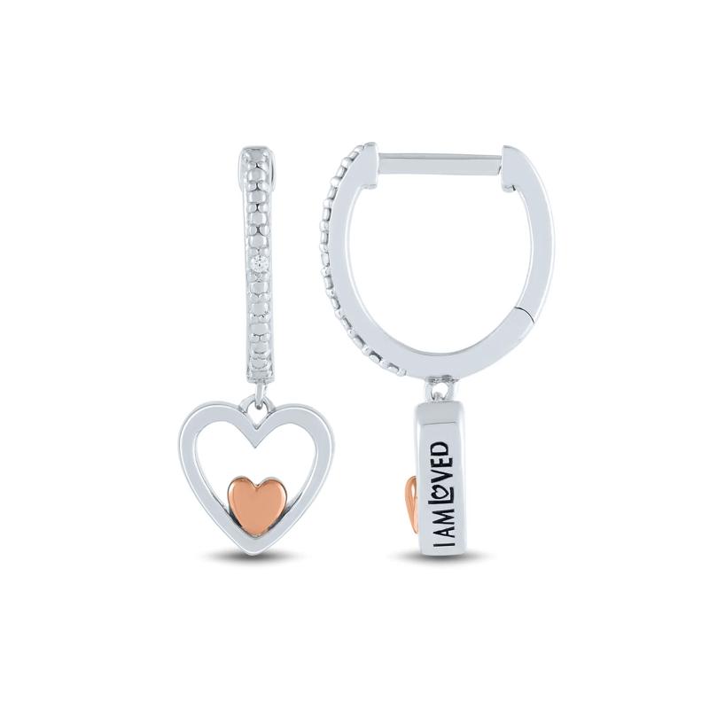 Diamond Accent Dangle Heart Huggie Earrings in Sterling Silver and 14K Rose Gold – Image 2 of 2