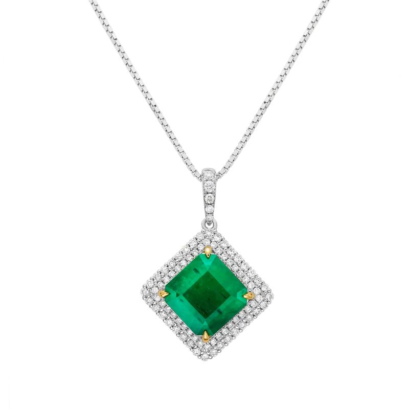 Emerald and Diamond Halo Pendant in 14K Whtie Gold, 16&quot; – Image 1 of 2